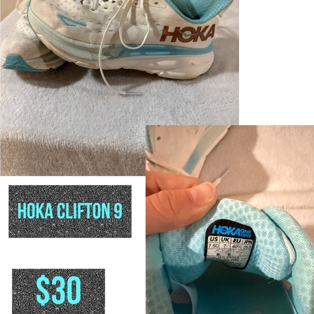 Women’s Hoka Sneakers in White and Blue. Clifton 9.